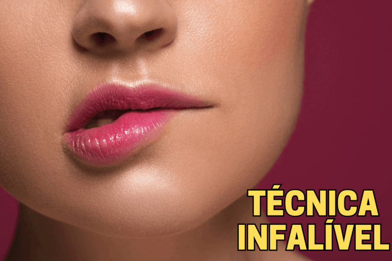 Rosto de mulher mordendo os lábios de prazer com destaque para o texto 'Técnica Infalível', ilustrando o passo a passo de como fazer massagem sensual.