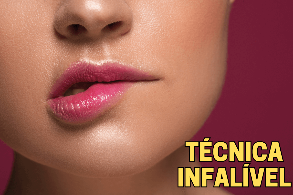 Rosto de mulher mordendo os lábios de prazer com destaque para o texto 'Técnica Infalível', ilustrando o passo a passo de como fazer massagem sensual.