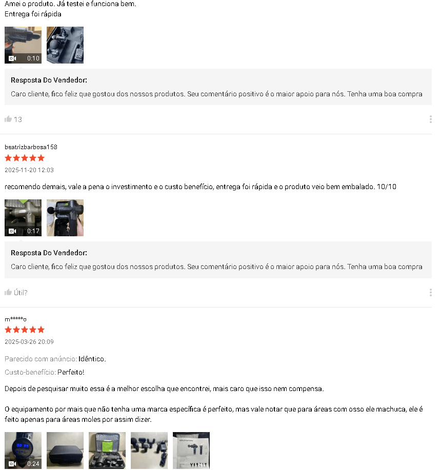 Opinião sincera de quem já comprou a Pistola Massageadora Captura de tela mostrando avaliações de 5 estrelas de compradores reais da pistola massageadora, elogiando a entrega rápida, a potência e o excelente custo-benefício na Shopee.