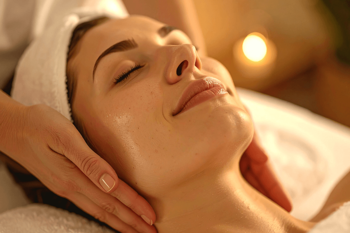 Mulher com expressão serena e olhos fechados recebendo massagem suave no pescoço e rosto, em ambiente com iluminação quente e intimista.