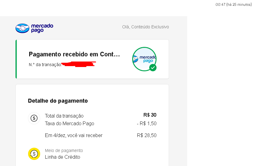 Outra prova de pagamento do conteúdo exclusivo no valor de R$30,00, que alguém adquiriu no dia 05/12/2025